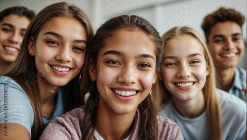 Close-up selfie of joyful teenagers smiling at the camera, showcasing diversity and camaraderie in a casual setting with a neutral background.
