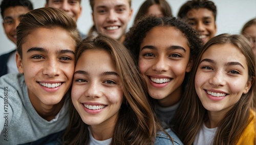 Joyful group of mixed-gender teenagers taking a close-up selfie, with warm smiles and casual attire, representing friendship and diversity.