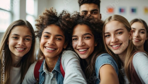 Close-up group selfie of cheerful teenage students with diverse ethnicities smiling brightly, posing together in a friendly, informal environment.
