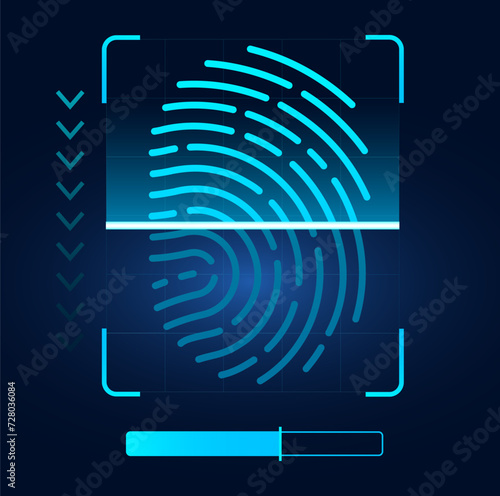 Electronic fingerprint scanning. Biometric data identification process. Authorization technology. Security screening method. Futuristic privacy system. Thumbprints scanner. Vector concept