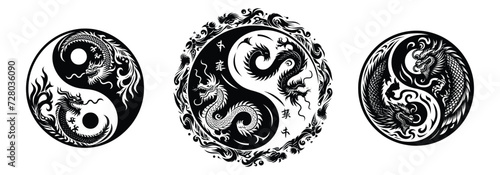 logo set of chinese Dragon with Yin Yang Symbol, vector, silhouette
