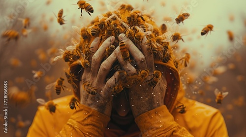 bees attack a person. a swarm of bees surrounded man's head. the man clasped his head in his hands. Panic attack. Phobia. photo