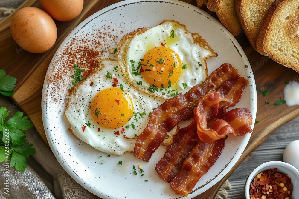 A high angle shot of a delicious breakfast spread featuring sunny-side-up eggs, crispy bacon, and toast Breakfast with fried eggs, bacon and toasts A high angle shot of a delicious breakfast spread featuring sunny-side-up eggs, crispy bacon, and toast Breakfast with fried eggs, bacon and toasts