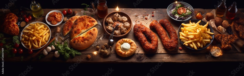 Buffet scene with takeaway or delivery food. Pizza, burgers, fried chicken and sides. Top view against a dark wood background.