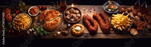 Buffet scene with takeaway or delivery food. Pizza, burgers, fried chicken and sides. Top view against a dark wood background.