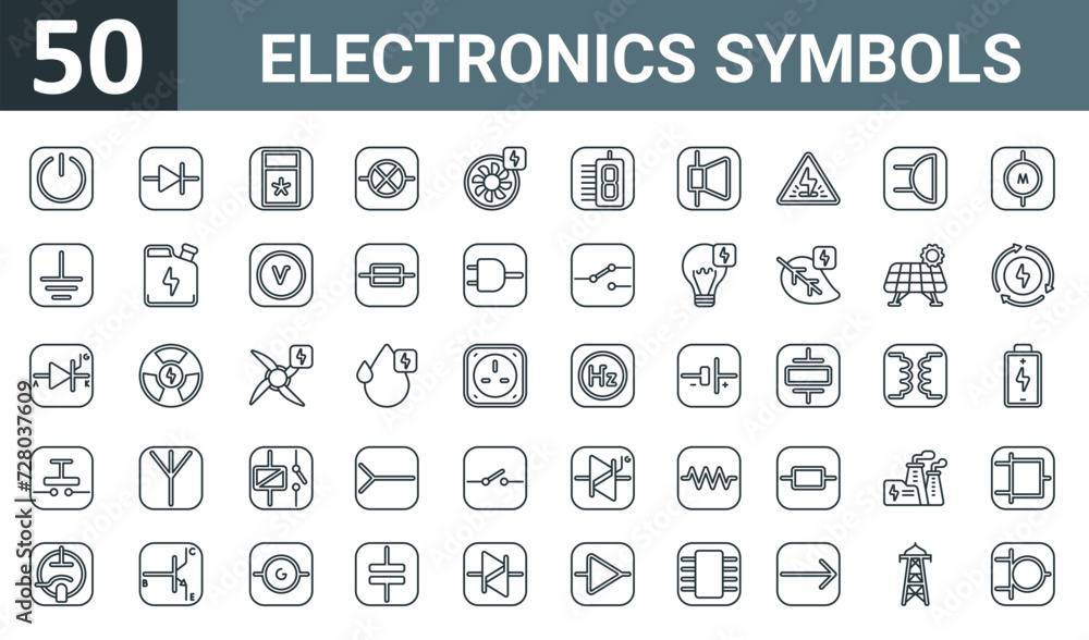 Vetor de set of 50 outline web electronics symbols icons such as power ...