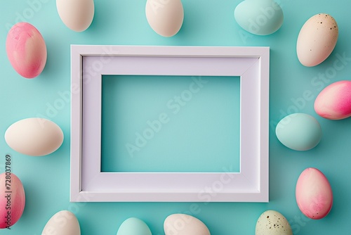 Easter Egg Elegance: Experience the charm of a vintage-inspired creative white frame, accentuated by a backdrop of colorful pastel Easter eggs, infused with a minimalistic concept and adorned with art