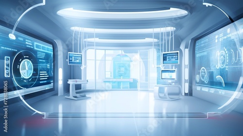 sci-fi futuristic Hospital radiology room with 3d rendering mri scanner, x-ray machine, surgical with robotic surgery and empty bed. Innovative technology in operating room interface concept.