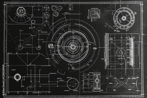 A black and white rendition of a front-facing sci-fi blueprint grid, presenting a flat image with a futuristic vibe