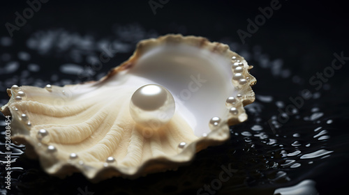 Pearl in a shell on a black background with water drops.