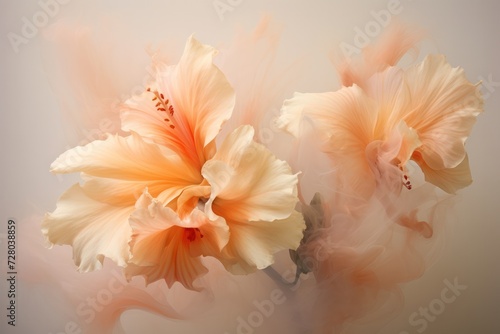 pastel pink peach color realistic looking flowers dissolving into abstract painting. Poster for interior decoration. Peach fuzz trendy.