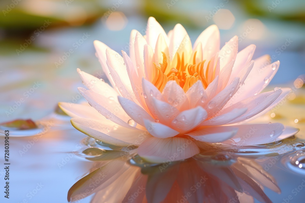 beautiful peaceful water lily or Lilium flower  in pastel peach pink color macro shot closeup on the lake