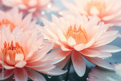 beautiful peaceful water lily or Lilium flowers  in pastel peach pink color macro shot closeup on the lake