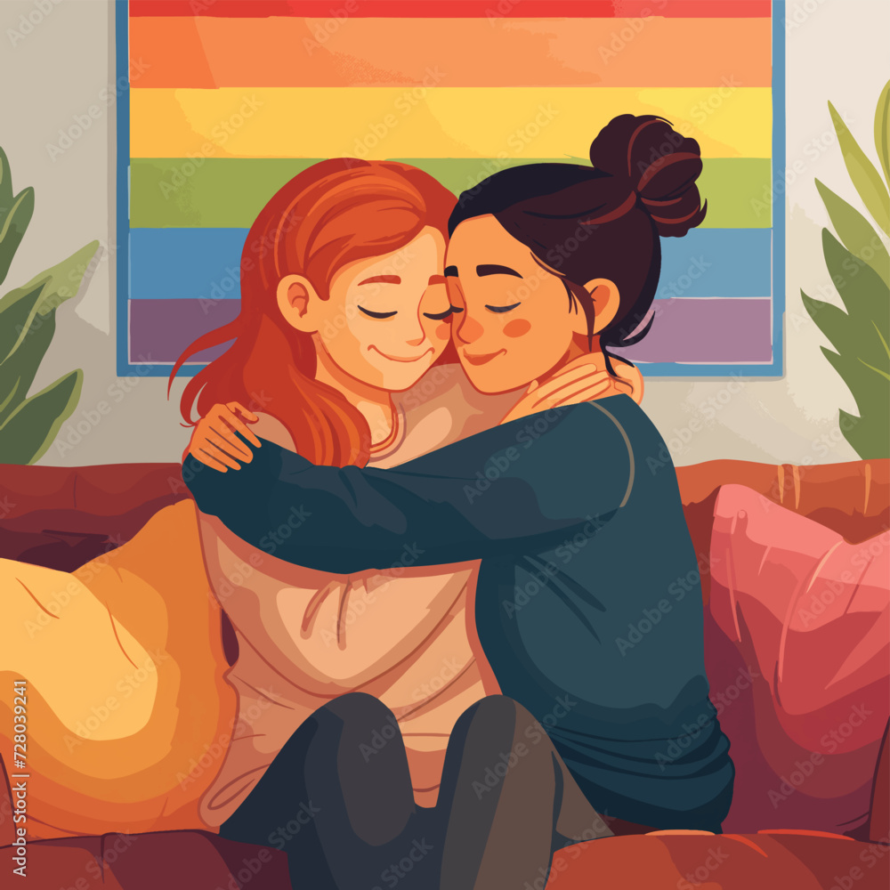 Happy lesbian couple. Young woman hugging her partner in a cozy living room, front view, lgbtq+ flag, cartoon flat style