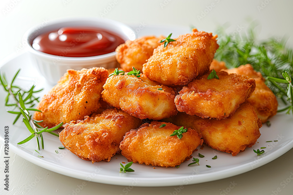 chicken nuggets with red ketchup sauce on table background. fast food chicken nuggets with red ketchup sauce on table background. fast food