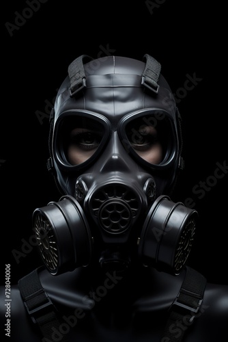 biohazard chemical mask on black background, gas protection suit for face