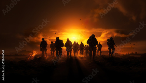 silhouette of military army platoon with weapon, infantry and commando team, special forces soldiers