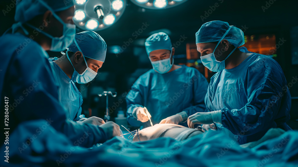 Cirujanos en el quirófano de un hospital operando a un paciente - obrazy, fototapety, plakaty 