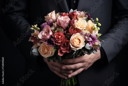 hands hold a luxurious bouquet in delicate pastel shades, in traditional French style on a black background, copy space. The concept of a stylish wedding bouquet 