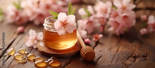Breathtaking Acaci Blossoms on Wooden Background with Sweet Honey: An Enchanting Display of Honey, Acaci Blossoms, and a Wooden Background