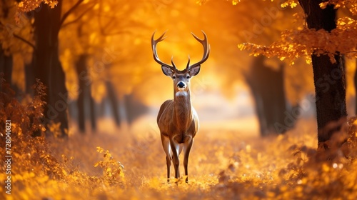 wild deer at yellow autumn forest, animal at nature, wildlife concept