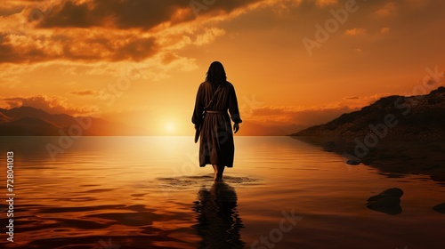 Jesus Christ walking by water at sea, faith and christianity concept