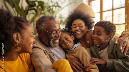 A family gathering with multigenerational members sharing smiles, portraying a sense of unity and connection