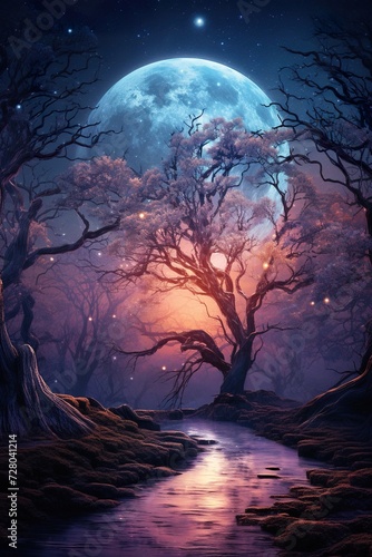 fantasy illustration of colorful forest and night sky with stars and nebulas