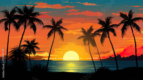 sunset at exotic tropical beach with palm trees and sea, colorful illustration in style of purple and orange nature
