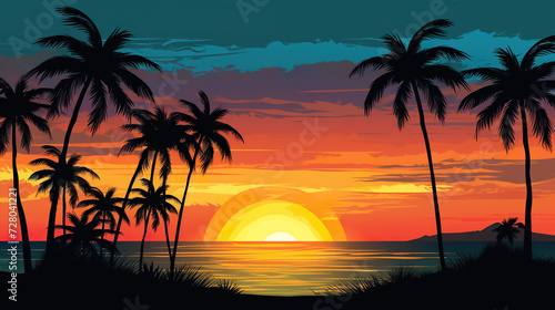 sunset at exotic tropical beach with palm trees and sea, colorful illustration in style of purple and orange nature