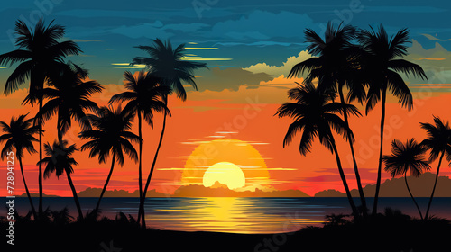 sunset at exotic tropical beach with palm trees and sea, colorful illustration in style of purple and orange nature © goami