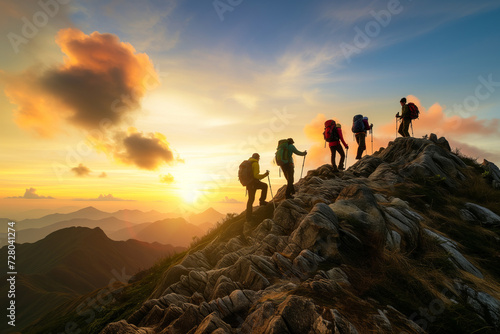 Diverse Group of Hikers at Sunrise, Mountain Adventure Trek