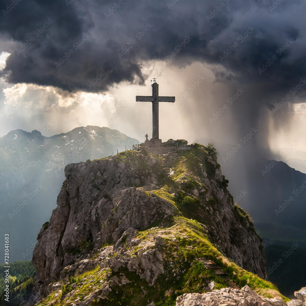 A crucifix on top of a mountain with a storm in the background creates dramatic lighting.