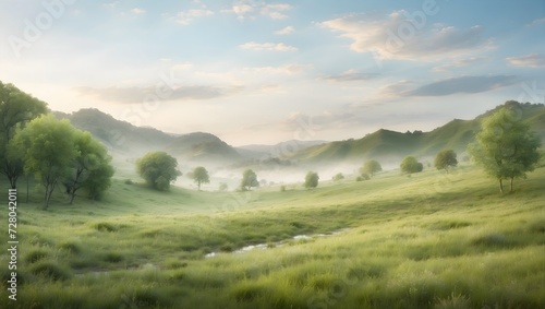 Gently blurred natural landscape, with hints of greenery and sky suggesting serene outdoor. generative AI © Zohaib