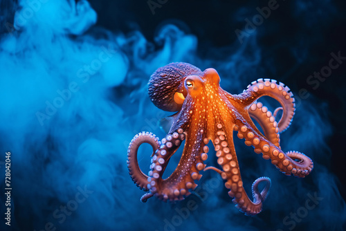 orange Octopus in blue smoke  © overrust