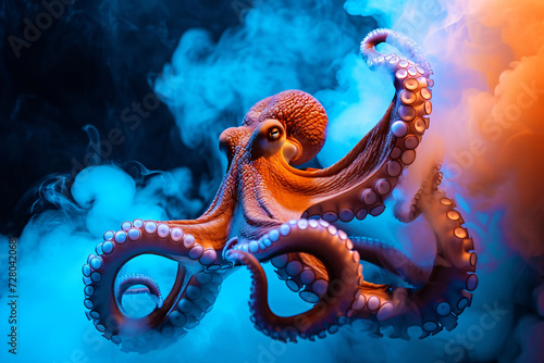 orange Octopus in blue smoke 