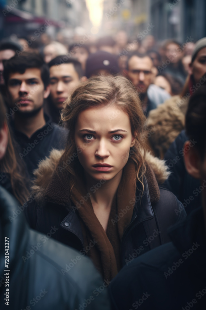 A woman standing in the middle of a crowded street, surrounded by people
