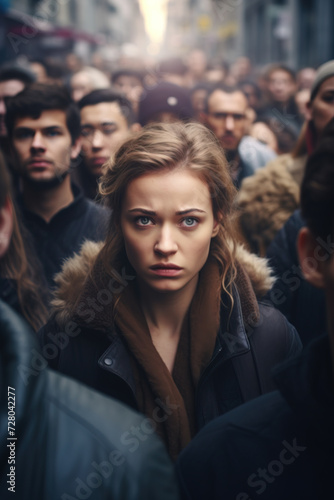 A woman standing in the middle of a crowded street, surrounded by people
