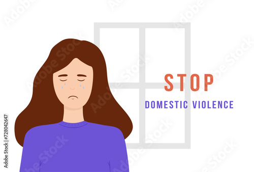 Sad crying girl with wording about International day for the elimination of Violence Against Women. Crying woman portrait isolated on white background. Stop domestic violence. Flat vector illustration