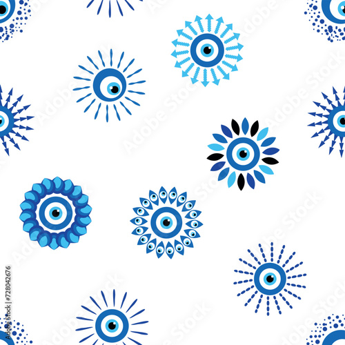 Evil eye Heavenly seamless pattern with suns, moons, stars, palms. For textiles, souvenirs, household goods.