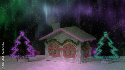 The house is decorated with a green garland.  Bright Christmas trees with neon.  Northern lights background.  Winter picture.
