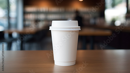 close up of neat white paper coffee cup on table - blur background
