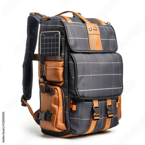 Solar charging backpack isolated on white background, hyperrealism, png
