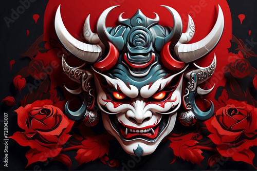 oni mask devil with japanese style with skull and roses ornament