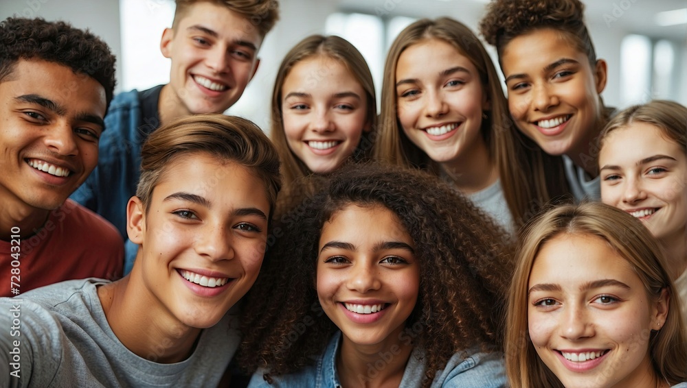 Group selfie of diverse, smiling young adults, with clear focus on their happy faces, representing friendship and multicultural unity. Group selfie of diverse, smiling young adults, with clear focus on their happy faces, representing friendship and multicultural unity.