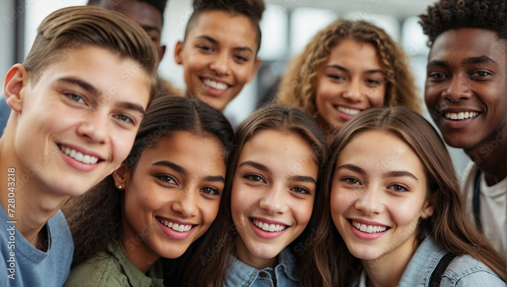 Wide-angle selfie of a group of ethnically diverse teenagers with beaming smiles, gathered closely together in a bright indoor setting, exuding a sense of joy and friendship Wide-angle selfie of a group of ethnically diverse teenagers with beaming smiles, gathered closely together in a bright indoor setting, exuding a sense of joy and friendship
