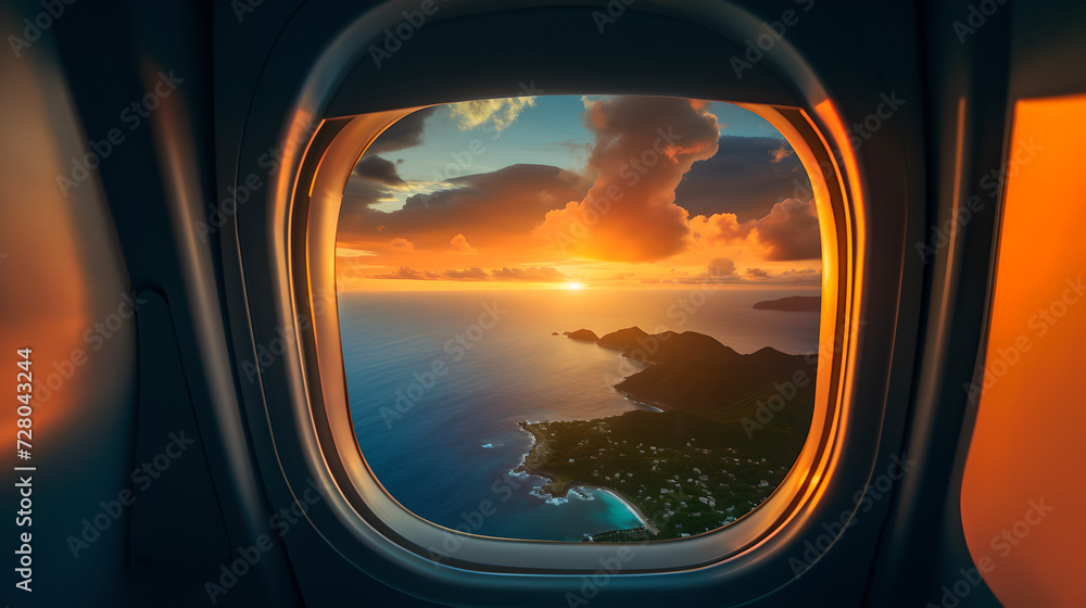 Fototapeta premium view from an airplane window - islands and ocean under beautiful sunset 