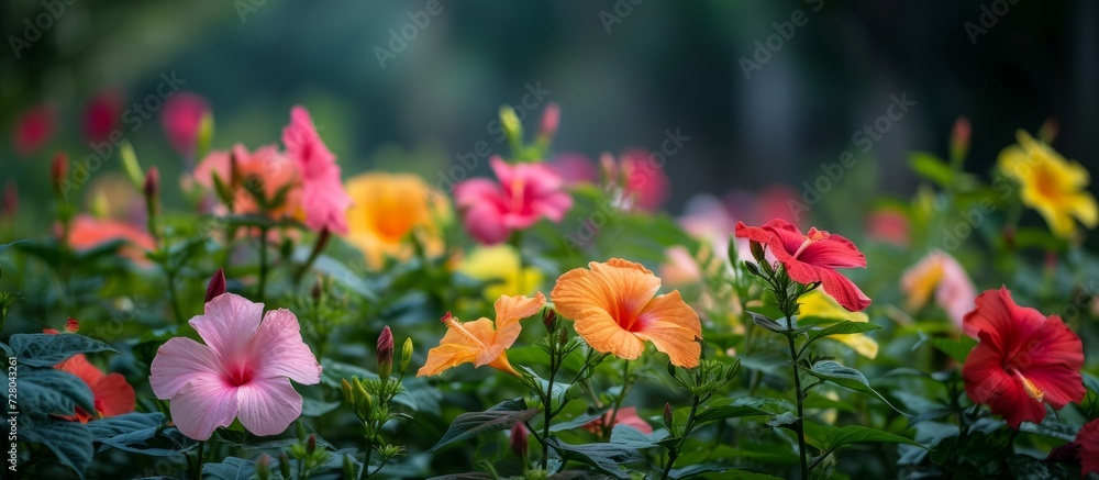 Colorful Hibiscus Flowers Blossoming in Balbo Park: A Serene Scene of Hibiscus Flowers in Full Bloom at Balbo Park's Lush Gardens