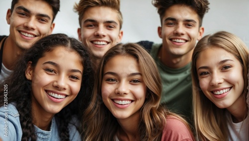 Close-up selfie of a group of happy, diverse young adults with warm smiles, gathered in a friendly embrace, showcasing a strong bond and youthful energy.