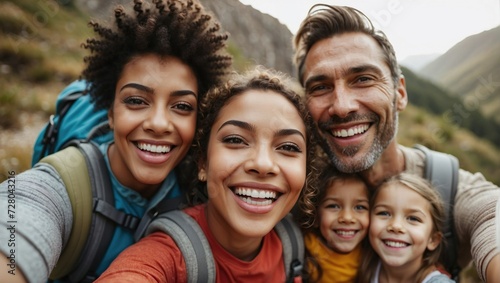 Close-up selfie of a joyful multigenerational family in hiking gear, enjoying nature together, showcasing togetherness and outdoor adventure.